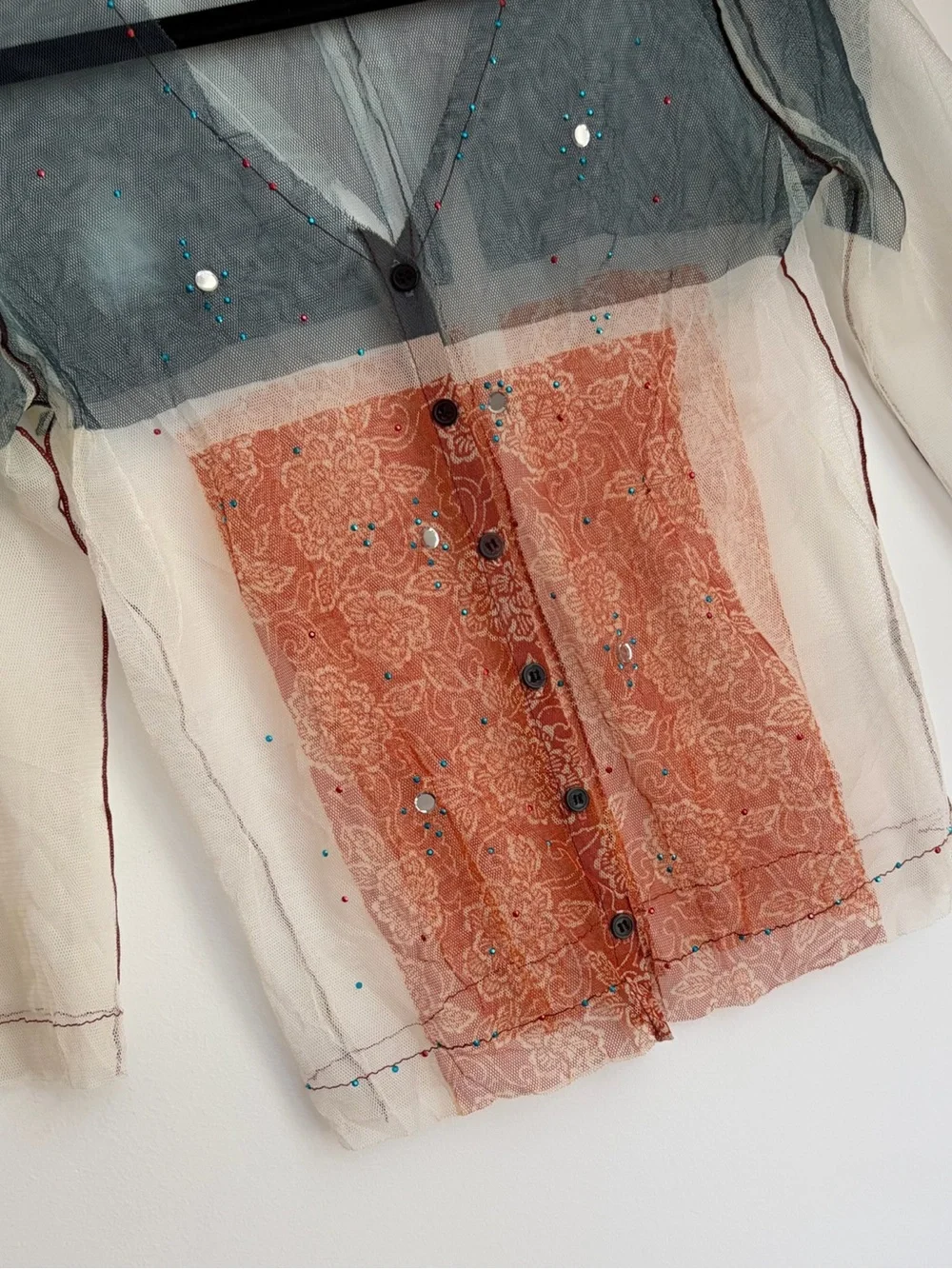 Vintage Rozae Nichols 90s sheer net mesh button up blouse with beaded details - Picture 4 of 7